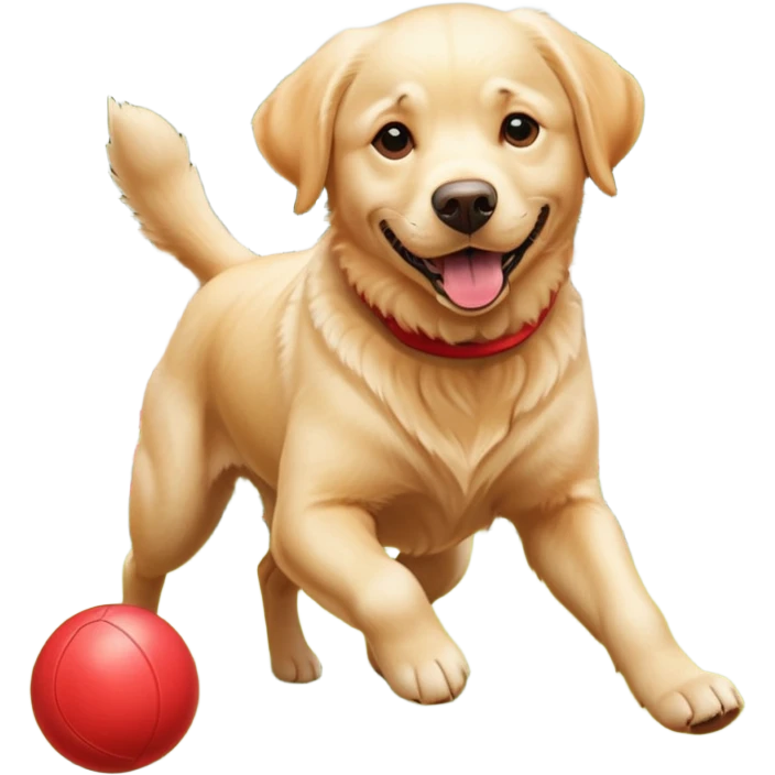 A Labrador Retriever playing fetch with a ball in a backyard garden, mid-action with joyful expression. Natural sunlight, realistic motion blur, outdoor realism. emoji