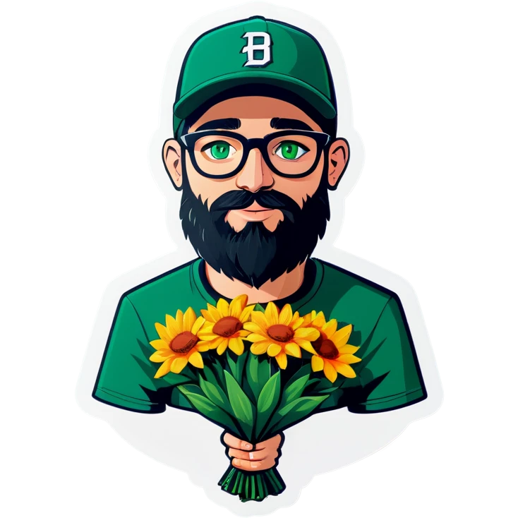 A bold man with a grey baseball cap, green eyes, big beard and glasses, holding a bouquet  emoji