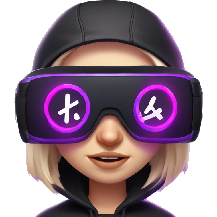Russian girl wearing black hoody with violet letters "OMG", in vr headset oculus quest2. No eyes on headset. Cyberpunk style. Violet neon. emoji