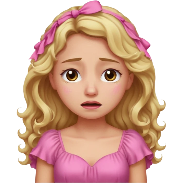 the girl is that crying with tears she has brown eyes and blond long hair curly pink dress  emoji