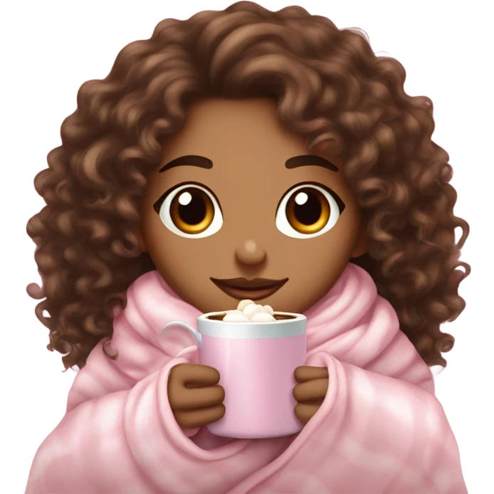 Light skin girl  with brown curly hair under our pink blanket,make her look like a young  make it so you can see the curly hairsipping hot cocoa with marshmallows, cuddled around the blanket, long curly hair, long, medium lashes emoji
