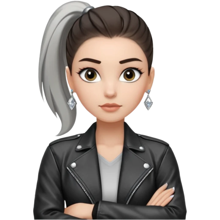 สีตาสีเทาอ่อน มีประกายคม
คิ้วได้รูป มองแล้วดูสตรอง
ผมหางม้าสูง
ลุคสตรีทแฟชั่น
ท่าโพสกอดอก
ฟีล: Girl Boss, cool beauty, minimal but powerful emoji