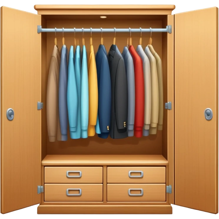 Cute closet or wardrobe with door ajar revealing organized professional clothing on hangers emoji