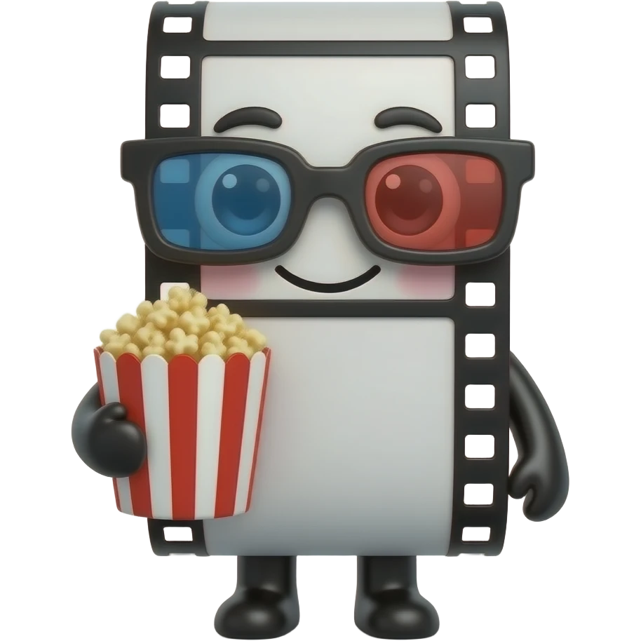 cute film strip character, emoji style, big expressive eyes, smiling face, black and white film strip body, cinematic theme, holding popcorn, wearing 3D glasses, soft lighting, 3D cartoon render, minimal background, high quality, centered composition emoji