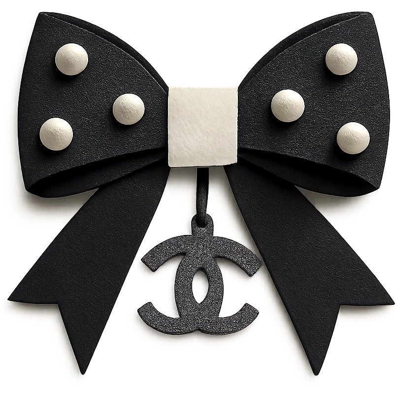 elegant bow with pearls and silver Chanel logo, glossy, black and white emoji