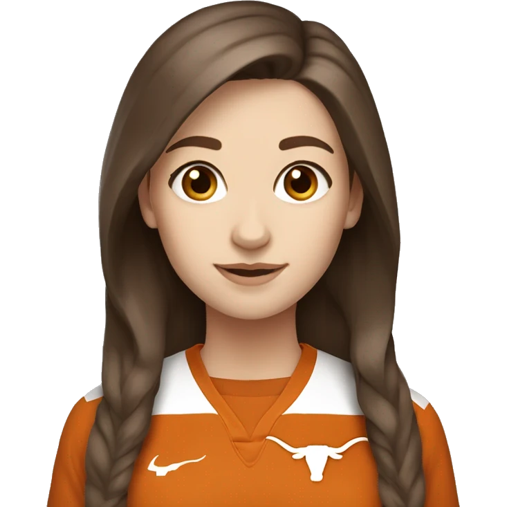 Brown hair, pale skin, woman. Wearing University of Texas Longhorn clothes emoji