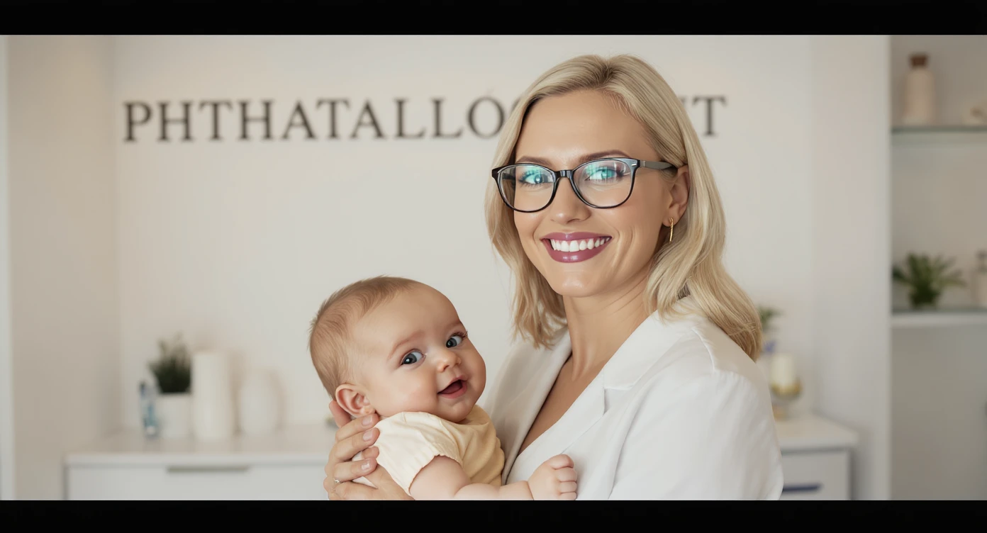 Cinematic still, Proffesional advertising of a smiling european white woman with glasses smiling holding baby, minimalistic ophthalmologist interior in background, leading  lines, "rule of thirds", 60/30/10 colors, soft light emoji