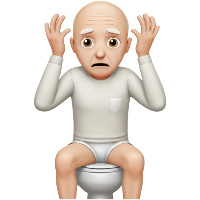 A bald person who’s very old is staring, he’s inside a toilet and his head is upright and looking at the camera with very wide eyes and his hands are putting pressure on his head, very scared expression and he’s shaking his butt emoji