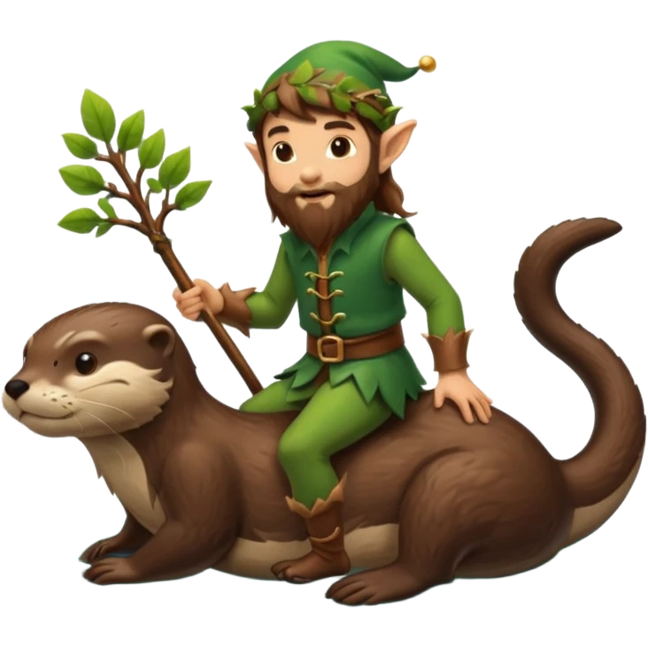 tiny forest elf man long brown hair beard riding an otter emoji