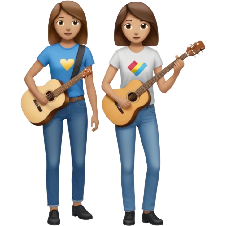based on emoji style, like this "💁🏻‍♀️" "💁🏽‍♂️" "💁🏻", two people walking together. one is brown-haired woman, wearing business casual, holding a guitar. Another one is a non-binary person, wearing t shirt and jeans, and this person doesn't have anything on their hands. they are walking together. emoji