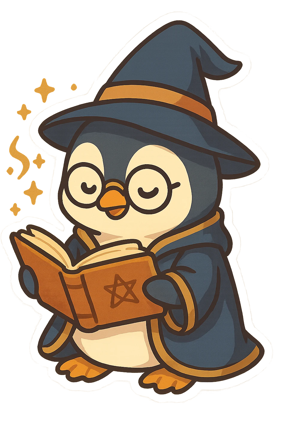 a penguin wizard with glasses, reading a spellbook, playful chibi style emoji