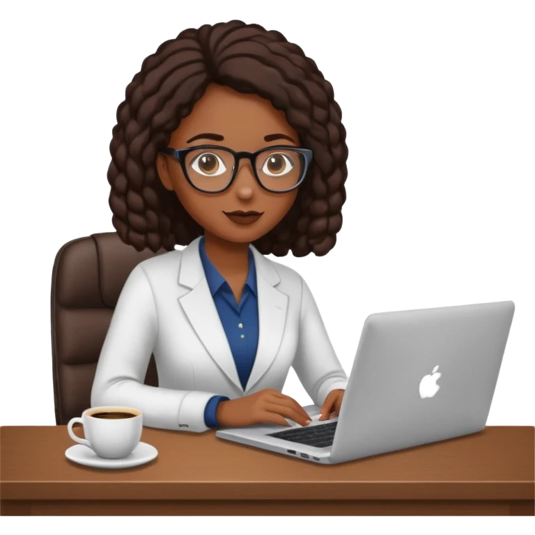 black girl with glasses, in the office with a laptop and a cup of coffee. emoji