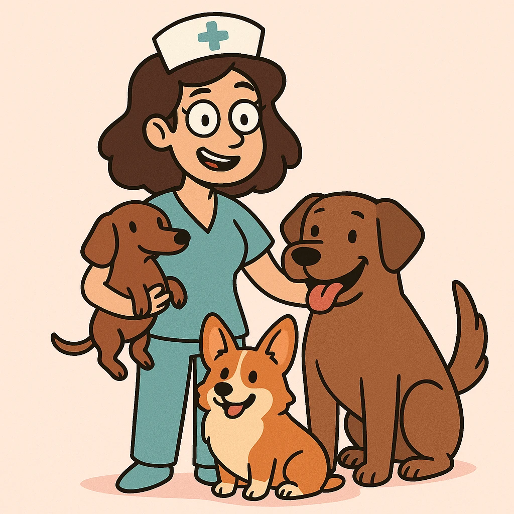 brunette nurse with dogs, cartoon style emoji