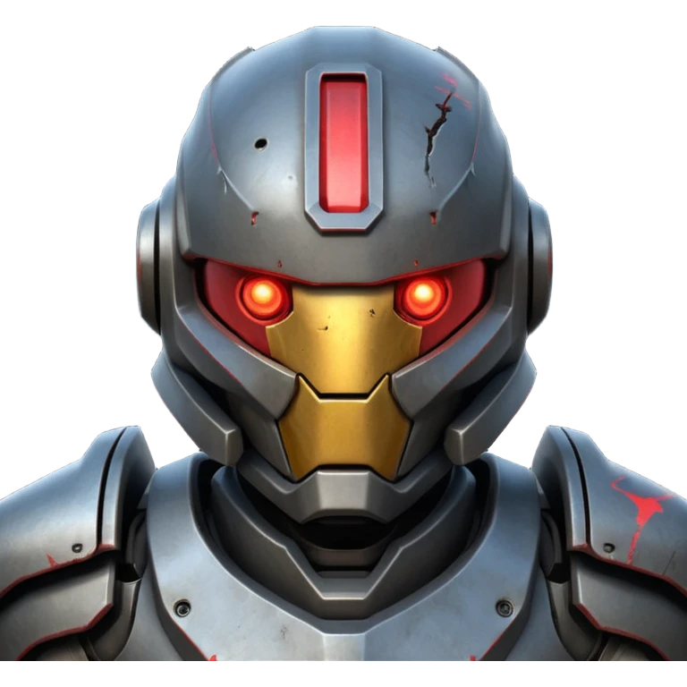 futuristic war robot portrait, head and shoulders only, aggressive design, sharp armor edges, glowing red eyes, battle-damaged helmet faceplate, heavy armor collar, intense dramatic lighting, sci-fi metal textures, 3D cartoon, mobile game icon style, clean background, no text, no watermark
 emoji