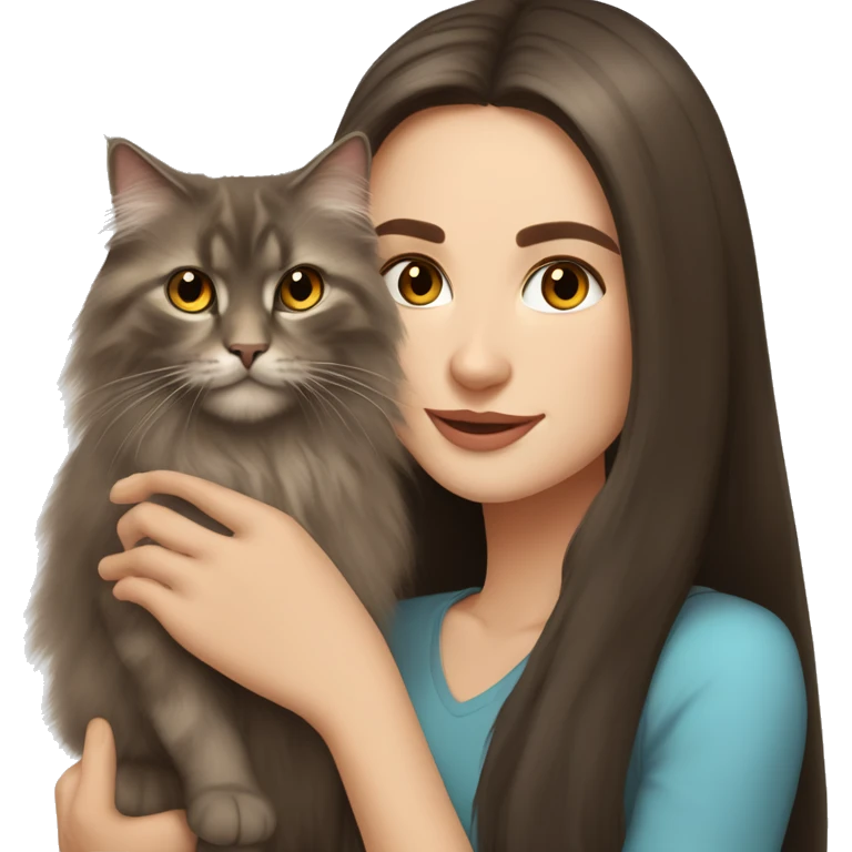 long straight haired blue eyed brunette woman holding norwegian forest cat with amber eyes emoji