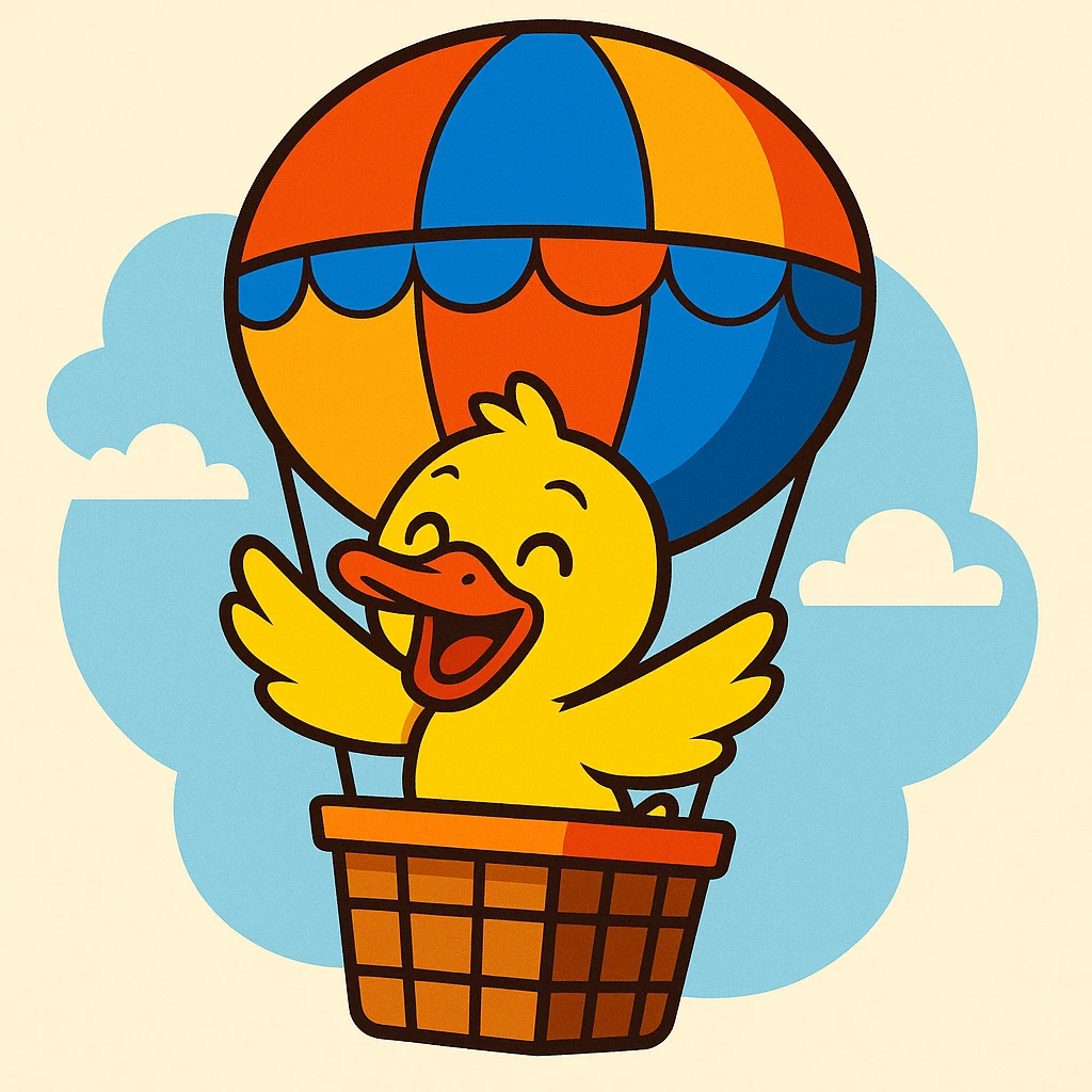 a cheerful duck in a hot air balloon, playful style, vibrant toon illustration emoji