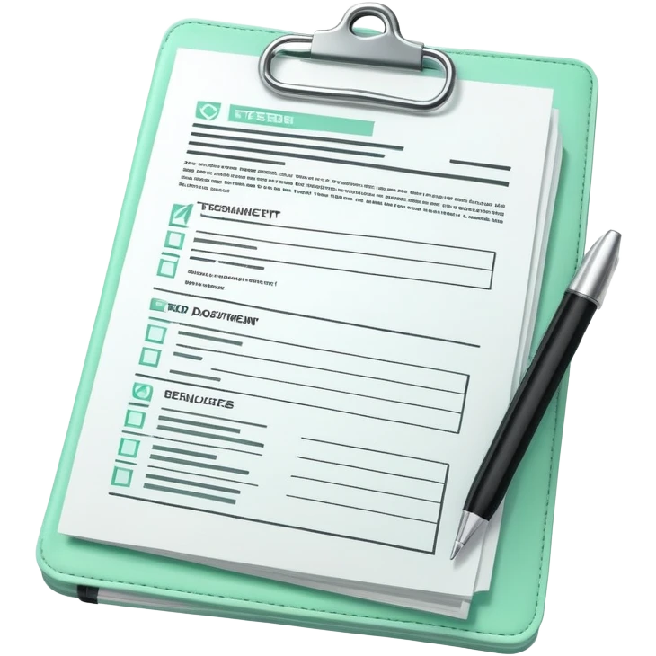 Commande Publique (Public Procurement), 3D technical icon with black and mint green (#B5F4D3), tender document with technical specifications and compliance checklist emoji