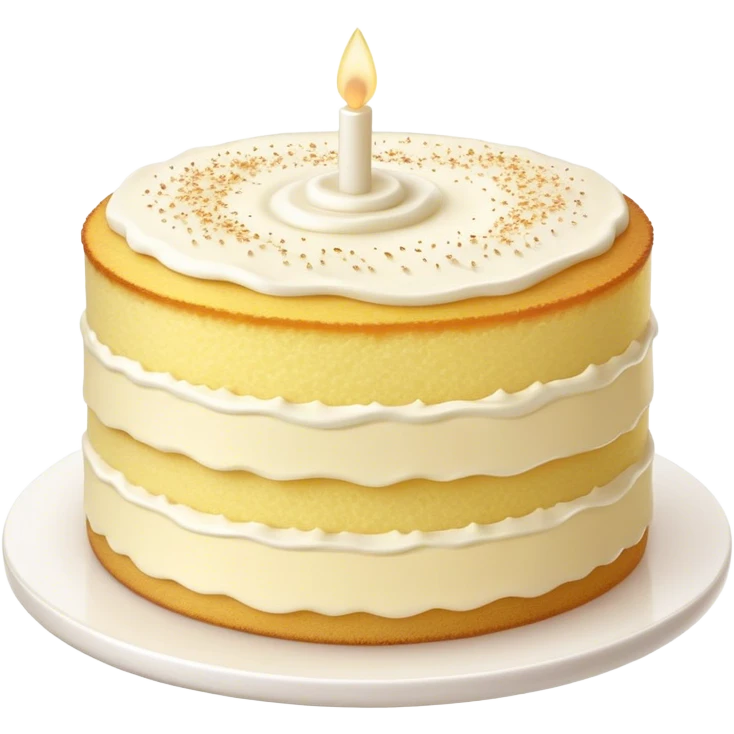 Cinematic Realistic Simple Vanilla Cake, a perfectly baked golden sponge with soft, airy layers, delicate vanilla frosting smoothly spread across the top, tiny flecks of vanilla bean visible, warm golden lighting creating depth, glowing with a sweet, irresistible charm. emoji