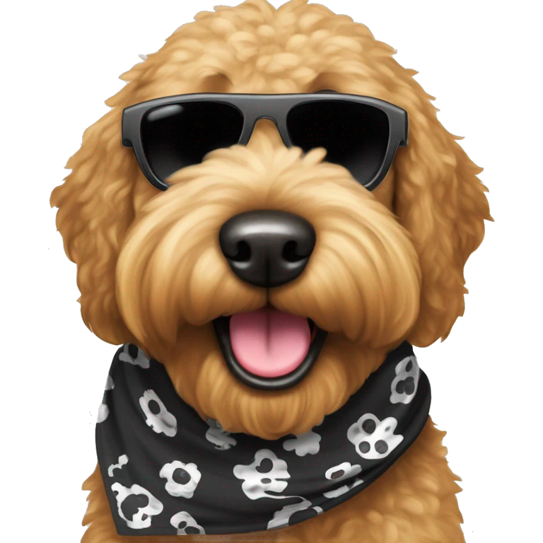 An all black dog breed “golden doodle” wearing sunglasses with a big smile with human like teeth. Also with a bandanna around its neck that says mums favourite  emoji