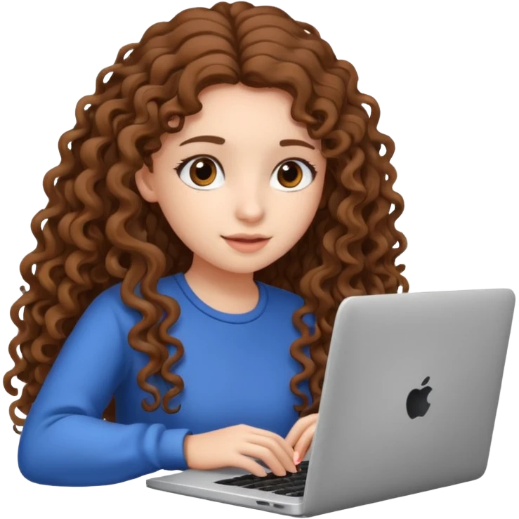 A girl with long curly hair is preparing for IELTS online with a laptop. emoji