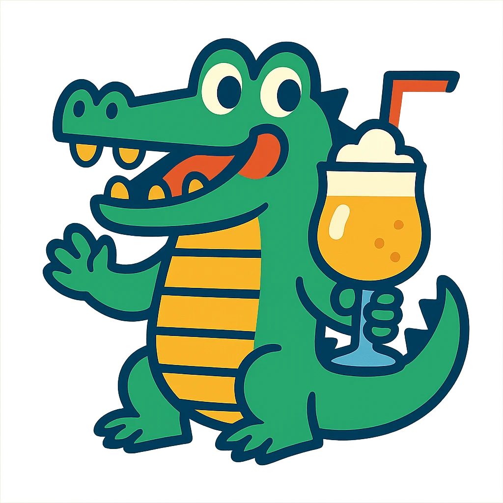 playful and fun crocodile holding a Bombardino drink emoji