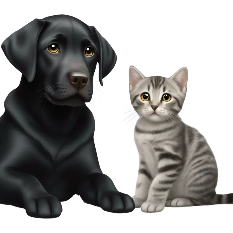 Black lab with grey tabby kitten with white legs emoji