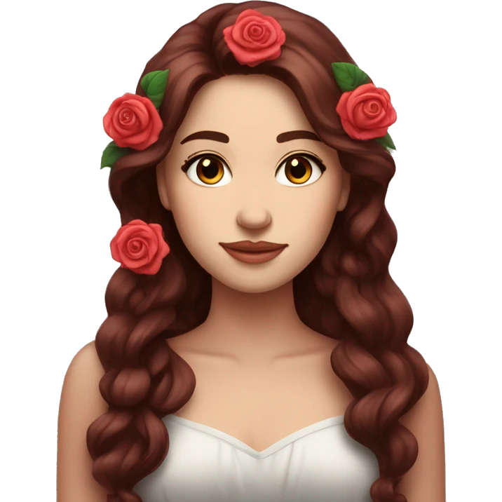 Beautiful, rose, red, flowers in hair, long dark brown hair, white fair skin emoji
