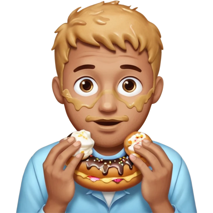 A man messily eating a filled donut, the donut is filled with Boston cream and it’s making a mess everywhere emoji