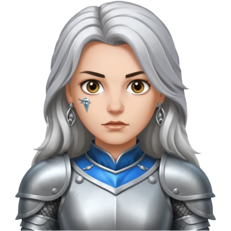 White Long Haired Women, Warrior woman — silver armor, piercing gaze emoji