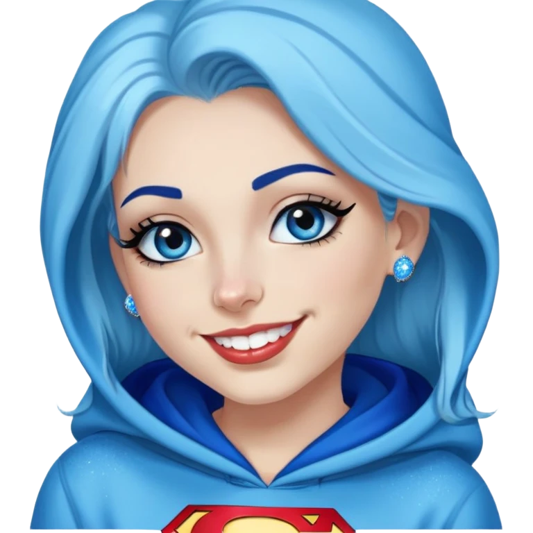 Teeth-showing-Smiling-beautiful-long-straight-dark-blue-and-glitter-in-hair-blue-eyes-thick-black-eyeliner-really-thick-really-long-eye-lashes-sky-blue-superman-hood-down-sweatshirt-nose-piercing-lip-pie emoji
