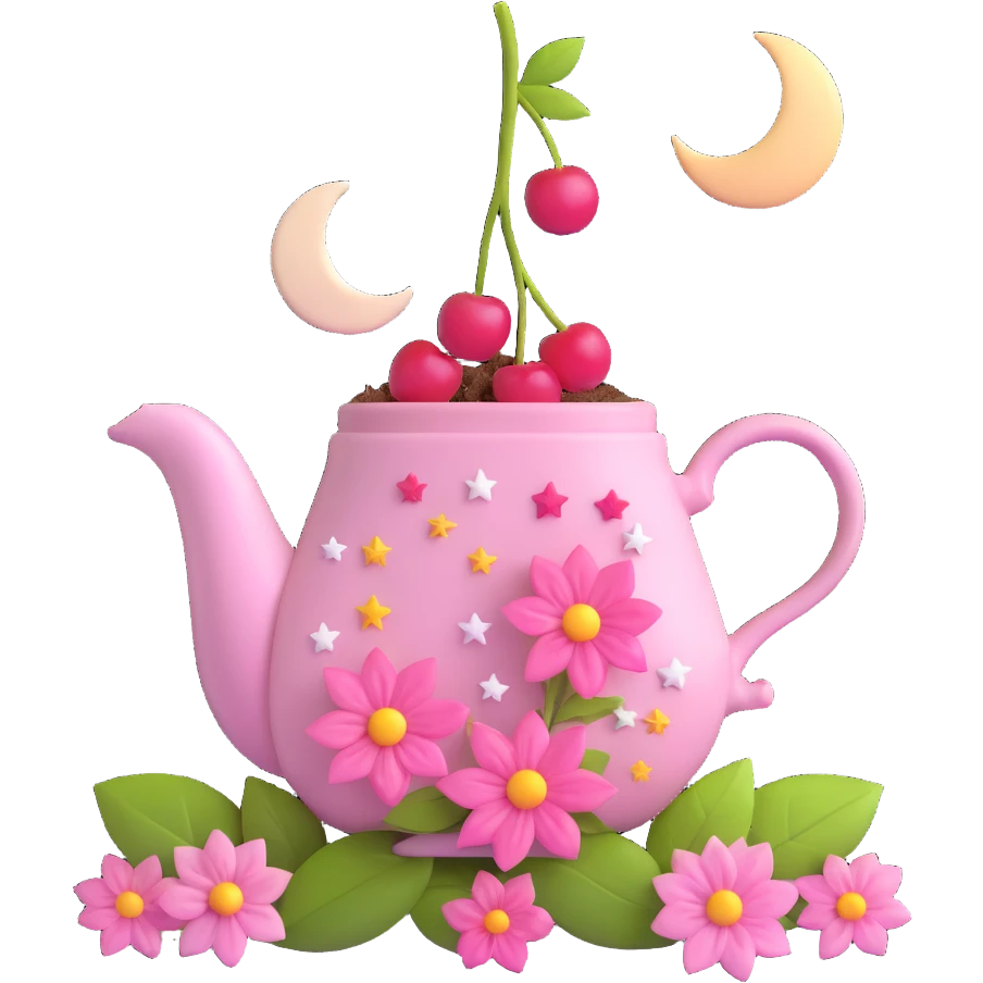 a tea bag with pink flowers, cherries, and a moon and stars, light purple background emoji