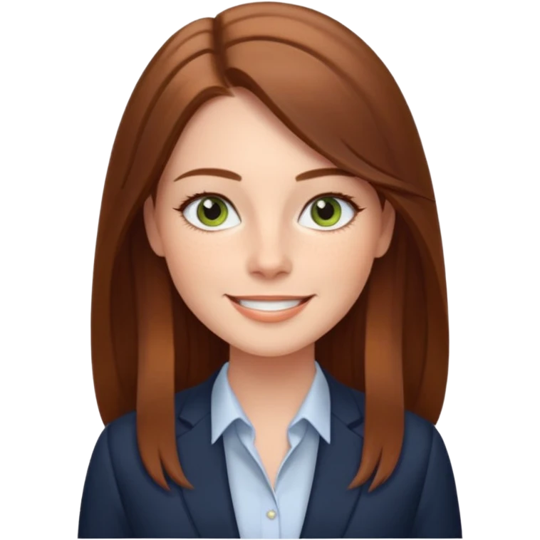 confident CEO named Freya McOmish, smiling, hazel green eyes, straight long hair with a middle part, subtle freckles, modern business style, broad shoulders emoji