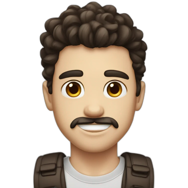 boy, big eyebrows, middle part, big teeth, pale skin, messy dark brown hair, mustache emoji