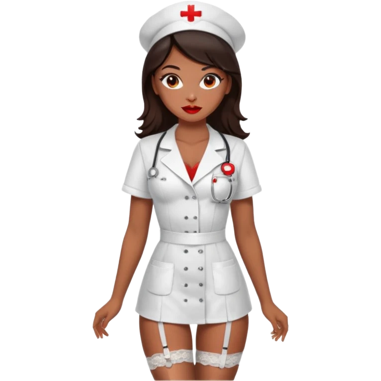 A sexy girl. with caramel skin. Dark brown hair and brown eyes. She has freckles. Wearing sexy makeup. Dressed as a sexy nurse wearing lingerie. Full body. emoji