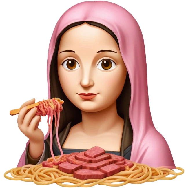 monalisa made of SPAM meat holding pink dripping sauce spaghetti portrait emoji