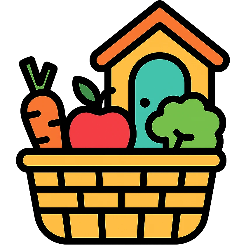 colorful icon of a basket of fruits and vegetables with a house door in the background emoji