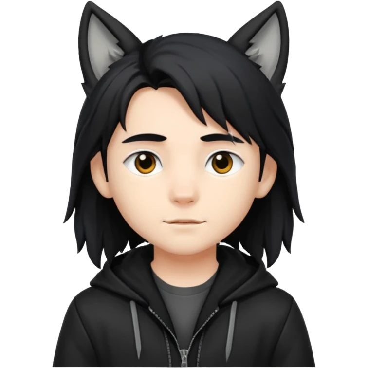 Garoto fofo de cabelo preto comprido usando uma jaqueta preta com orelhas de lobo  emoji