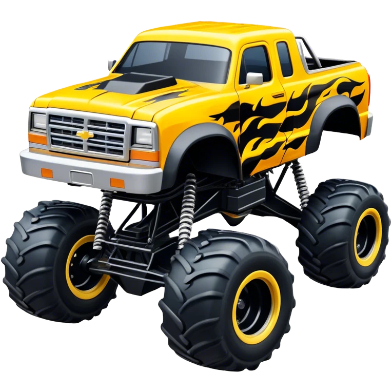 Maximum Destruction - Monster Jam (Model Year: 2021) (Iconic colour: Yellow with black flames) - A ferocious monster truck featuring a vivid yellow base accented by dramatic black flame patterns. Emphasize sharp, high-contrast flame streaks across the body, creating a look of aggressive, explosive energy. emoji