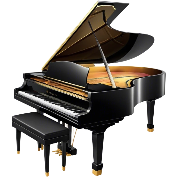 Cinematic Realistic Piano, glossy black grand piano with elegantly curved edges, pristine white and black keys, soft golden light reflecting off its polished surface, faint reflections of a musician’s hands, glowing with refined elegance and musical depth. emoji