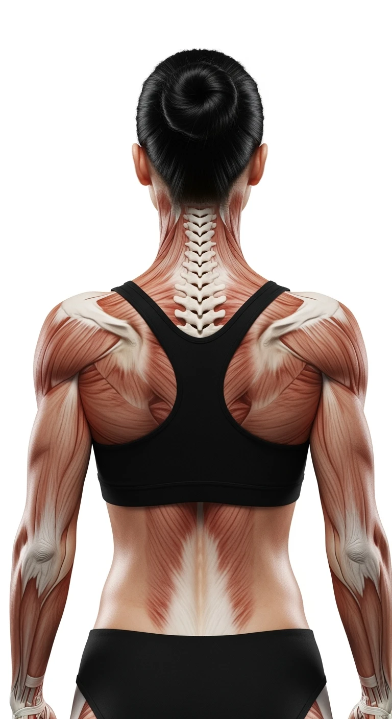 donna fitness di spalle con spina dorsale anatomica realistica in evidenza, sfondo bianco emoji