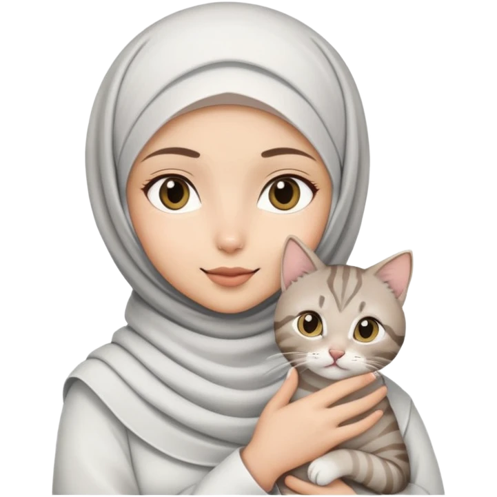 Flower printed white hijab girl holding grey tabby cat emoji