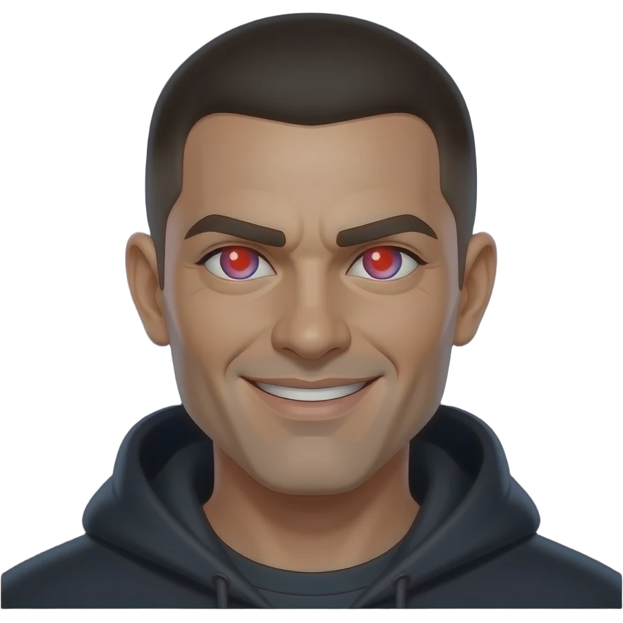 A powerful emoji with a confident smirk, glowing red and electric blue eyes, subtle shadow aura, representing dominance and intelligence, sleek 3D emoji style, glossy finish, dramatic lighting, centered on a dark background, ultra clean, iconic, high detail emoji