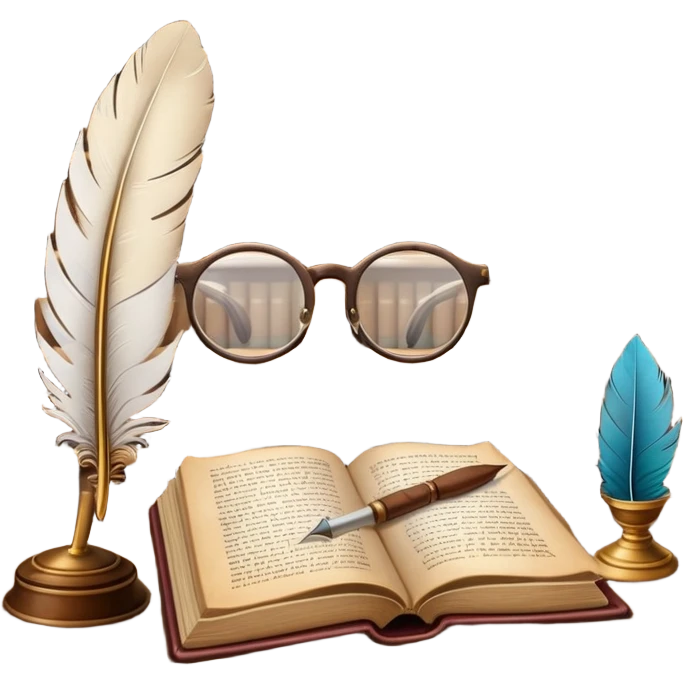 An icon featuring an open book with classic text, a feather quill, and reading glasses, symbolizing literary studies. The design includes old library shelves and vintage manuscripts in the background. Transparent background emphasizes the deep analysis of written works and literary history. emoji