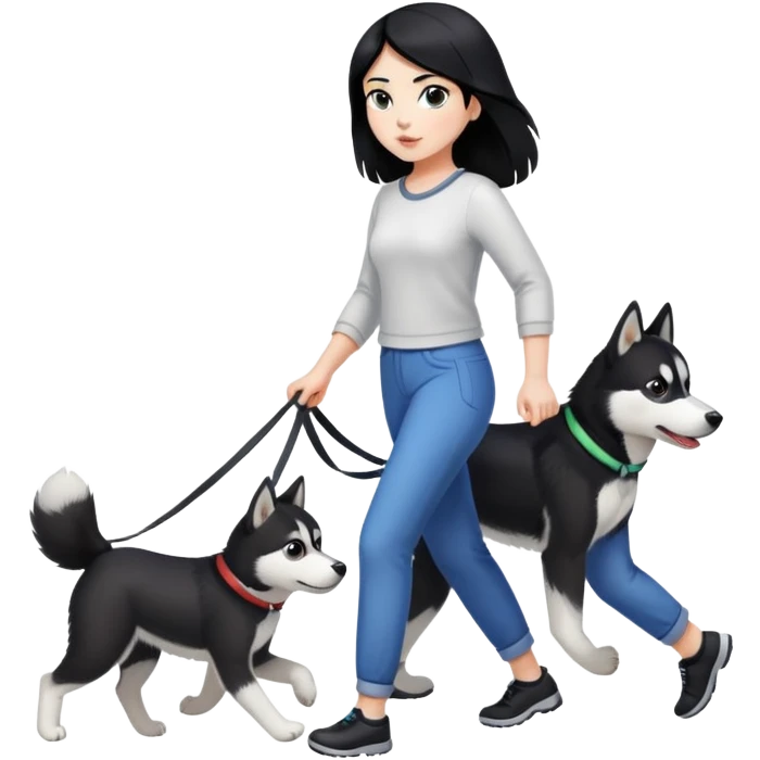 A black-haired girl walks a black and white husky emoji