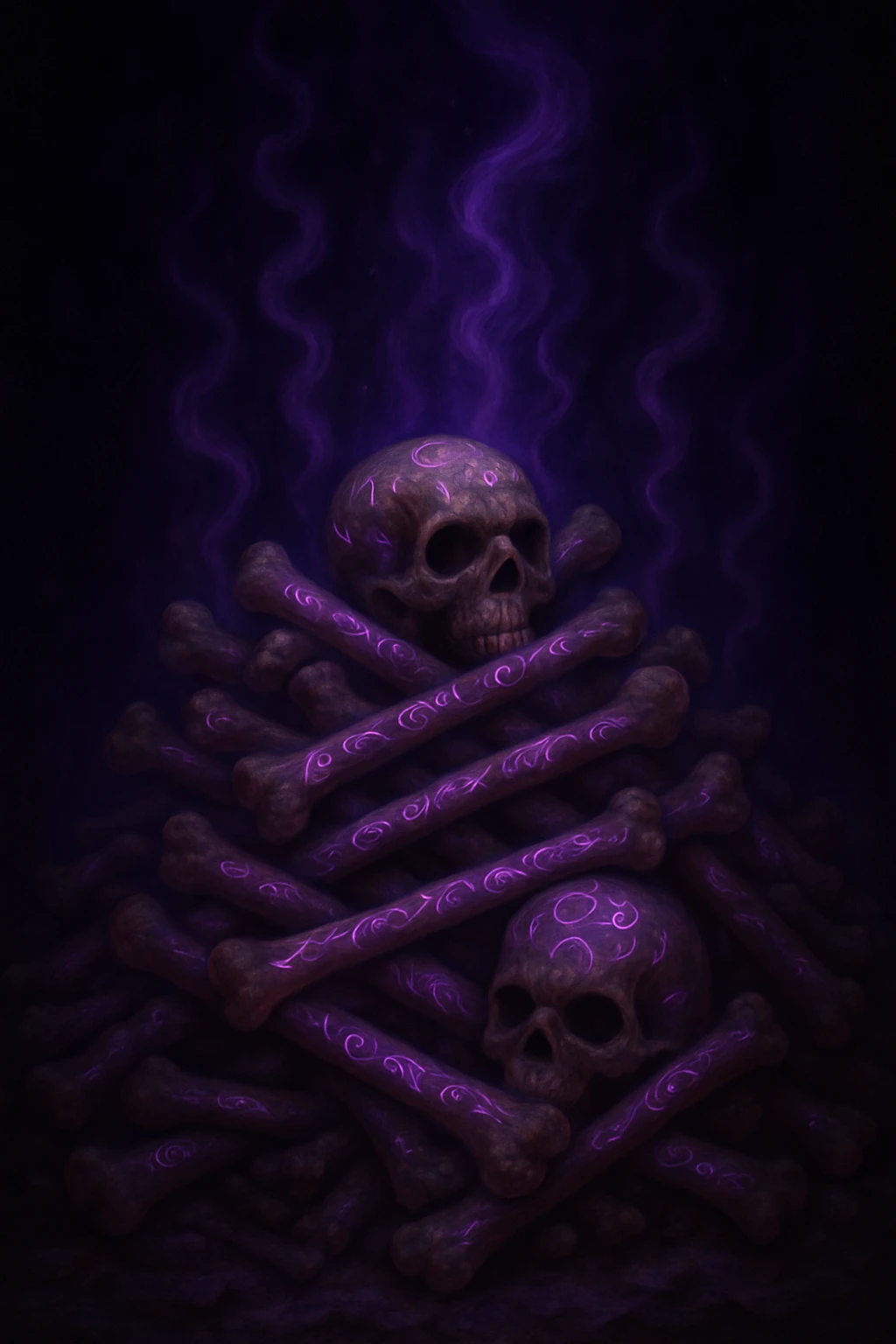 Change the mystical energy to purple, keep the bones with arcane symbols and wisps of energy. Maintain the fantasy style with purple mystical energy and arcane symbols glowing around the bones. emoji