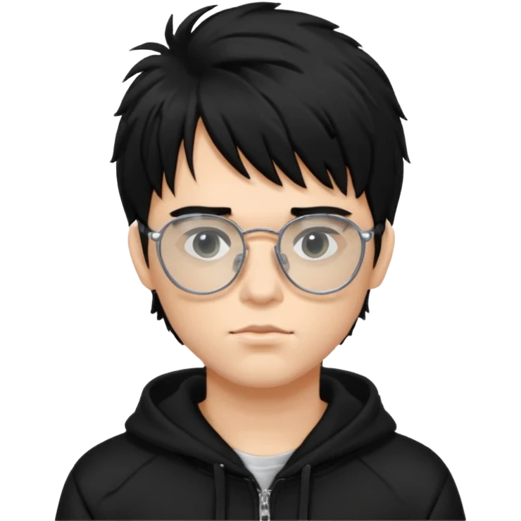 chrome hearts glasses,man, black hair,white,normal,fluffy fringe,black hoodie emoji