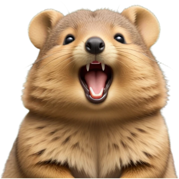 cinematic-realistic  yawning quokka-emoji,-small-round-frame, head tilted in an endearing manner, wouth wide open yawning, sleepy comical smile, round cheeks, giant-fluffy-cheeks-large-smile-fluffy-brown-fur-radiating-a-warm-softness,-big-round-eyes-filled-with-joy, realistic round  fluffy zoomed in, large black eyes one paw raised in the air emoji