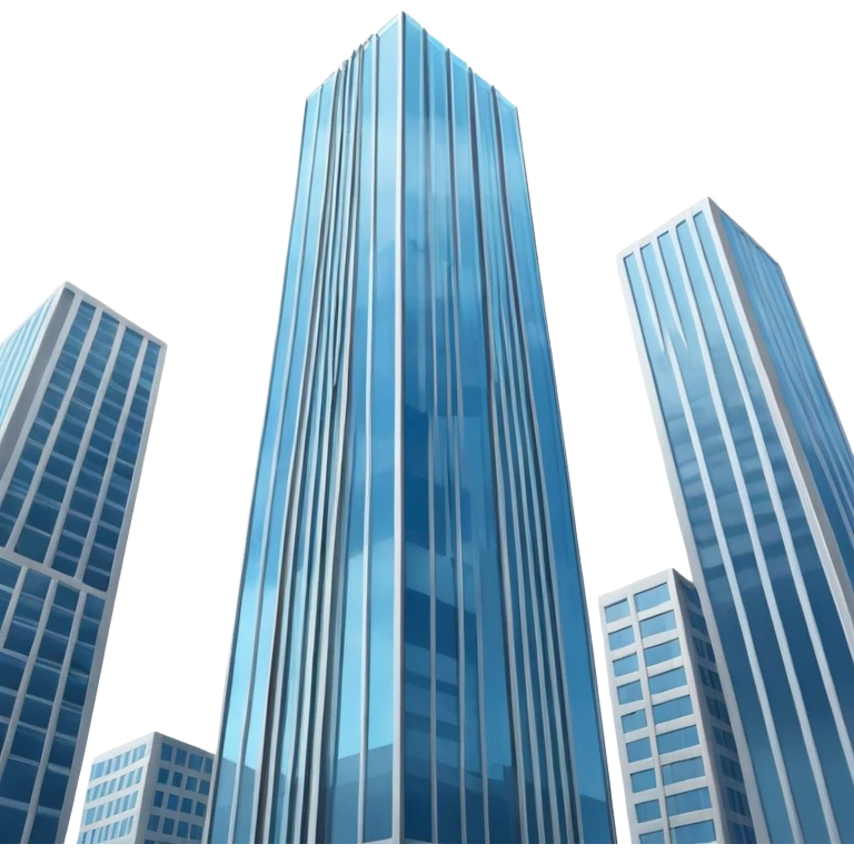 A 3D cartoon skyscraper reaching into the sky, clear blue background, soft sunlight, Memoji-style realism. emoji