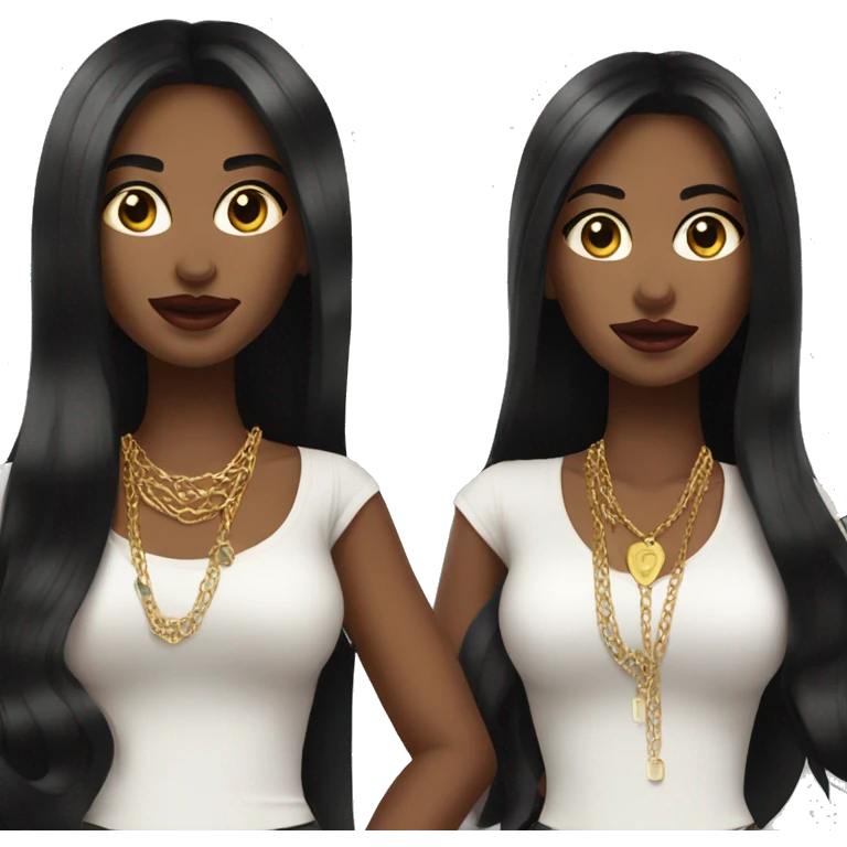 Woman wearing mini skirt with gold necklace and lip gloss with long black hair emoji
