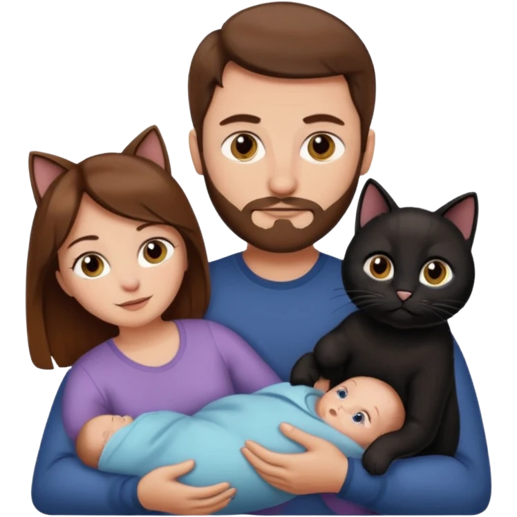 1 mom brown hair, 1 dad NO beard, 1 baby and 1 black cat emoji